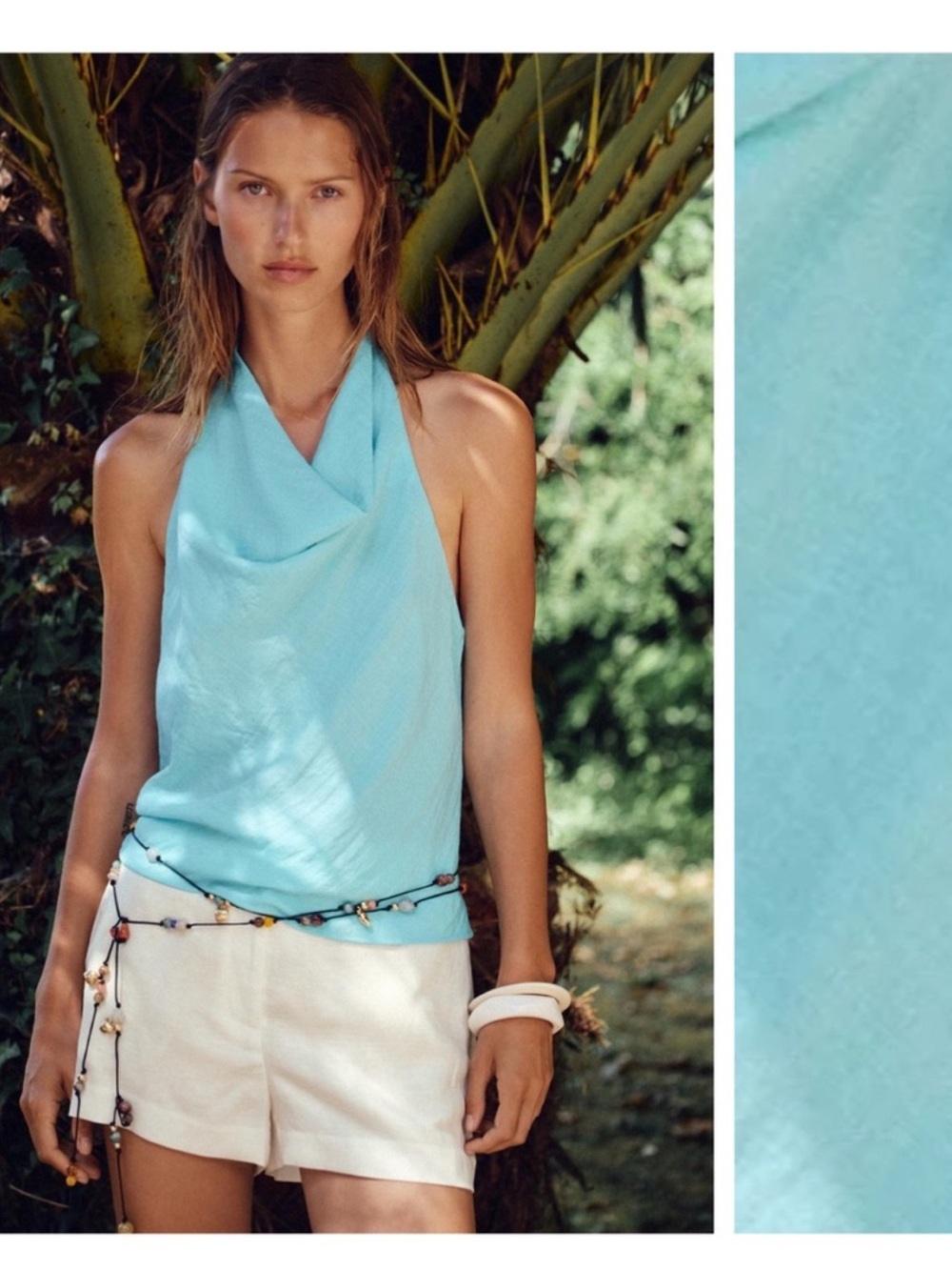 Zara Flowy Halter Top Turquoise Blue Linen Size S 0/8028/392/402/02